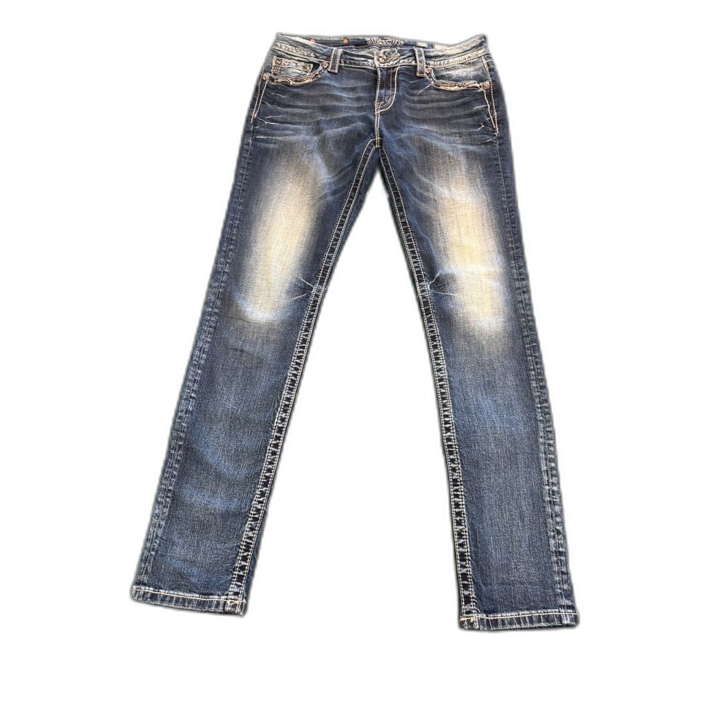 Miss Me Rhinestone Jeweled Flap Pocket Skinny Jeans